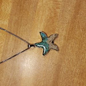 Teal turquoise and sand starfish pendant necklace